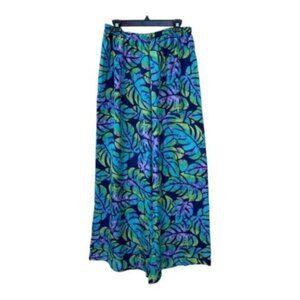 James Reva Tropical Teal Leaf Print Silk Blend Pull-on Palazzo Pants Sz 6
